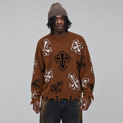 Distressed Cross Knit Sweater