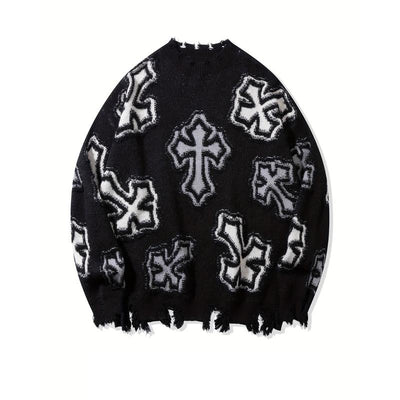 Distressed Cross Knit Sweater