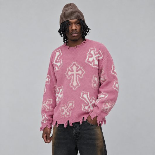 Distressed Cross Knit Sweater